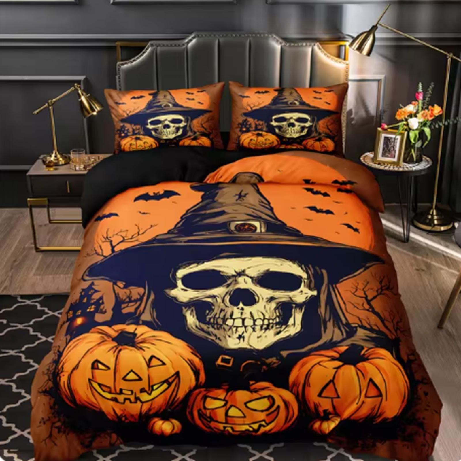 

Pink Pumpkin Duvet Cover Set Halloween Comforter Cover Ghost Bedding Set Horror Quilt Cover Black Cat Room Decor 3Pcs 135x200cm&set
