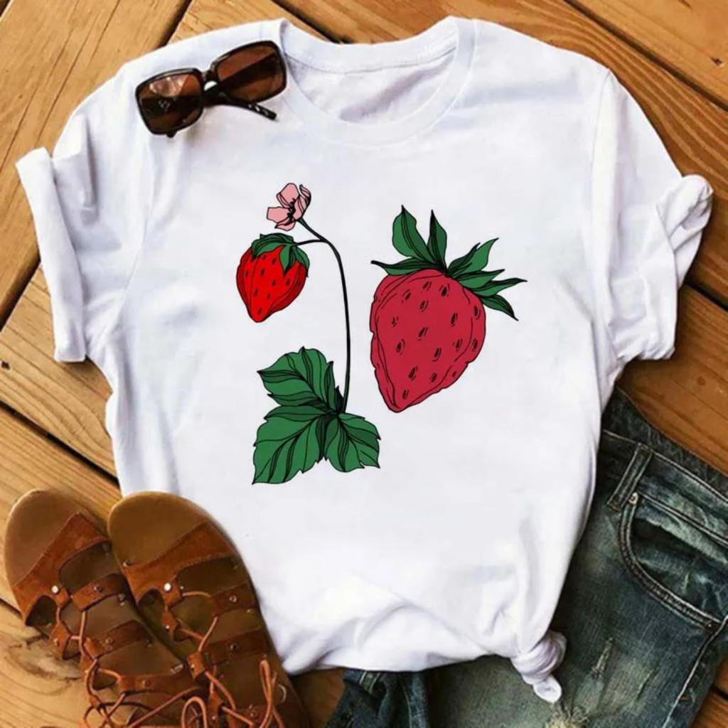 New Kawaii Fruits Strawberry Print Unisex Tshirt Tops Casual Female Shortsleeved Streetwear Black Round Neck Oversized Tshirts