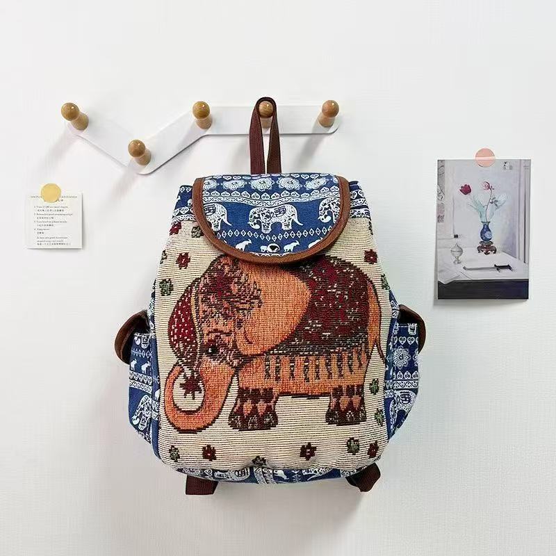 Fashion Ethnic Style Embroidery Knapsack Casual Canvas Animal Drawstring Backbag Jacquard Elephant Owl Bucket Back Bag Beach