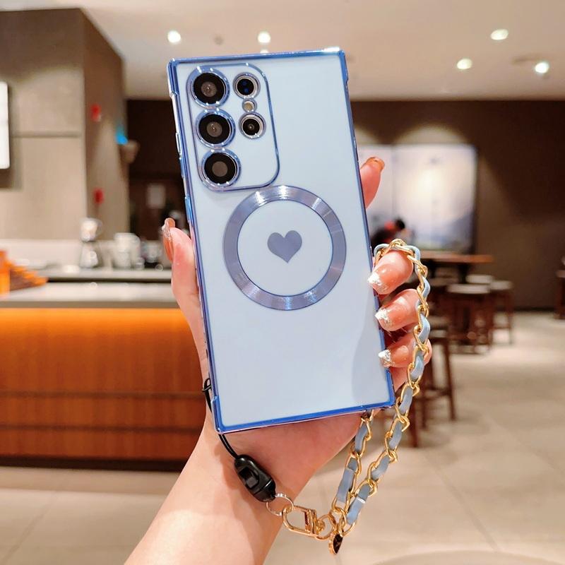 Jednobarevné pouzdro ve tvaru srdce z měkkého TPU s magnetickým zapínáním pro Samsung Galaxy S25 Ultra S24 FE S23 Plus S22 s náramkem, nárazuvzdorné, tenké, s podporou bezdrátového nabíjení, kryt na telefon