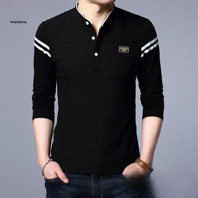 Men's Spring & Autumn Slim-Fit Long-Sleeve Stand Collar T-Shirt - Korean Style