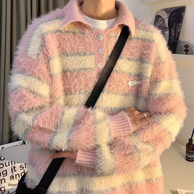 

Мужской полосатый свитер с воротником-поло в японском студенческом стиле, осень/зима — модный, свободный и мягкий. Extra Large розовый