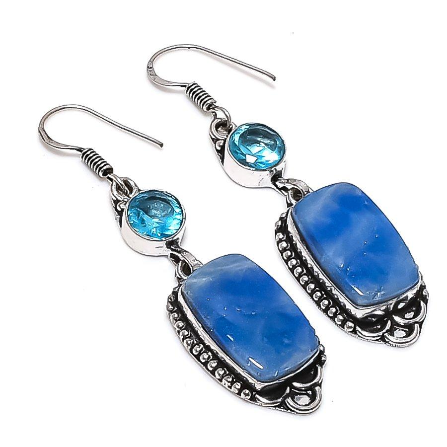 Natural Lazurite, Topaz Gemstone 925 Sterling Silver Jewelry Earring 2.40" U2p50
