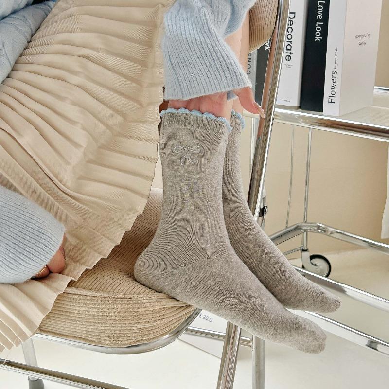 Silver Embroidered Bow-knotted Lace Stockings, Non-stretch Pile Stockings, Breathable Cotton Mid-calf Socks, Ballet-style Gray Socks, Children's Size