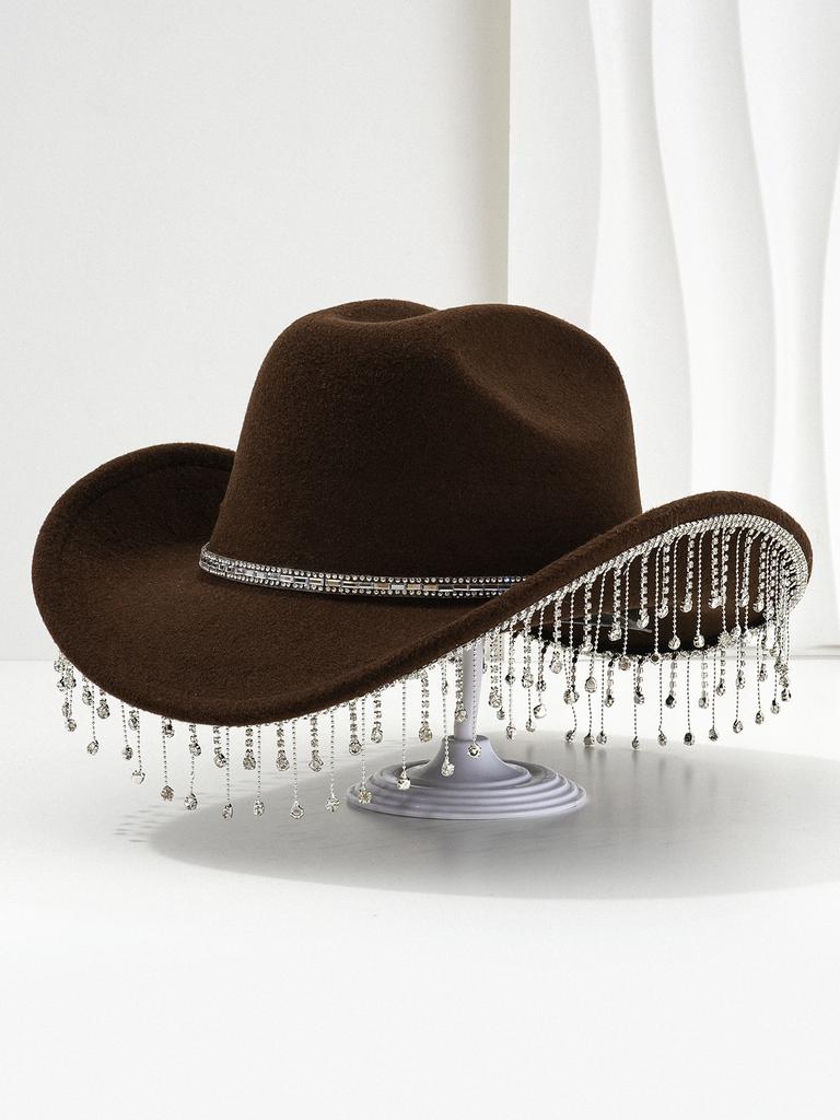 Cross-border Popular Women's Unique Sweet Top Hat Square Point Diamond Hat Chain with Rhinestone Tassel Suitable for Music Parties
