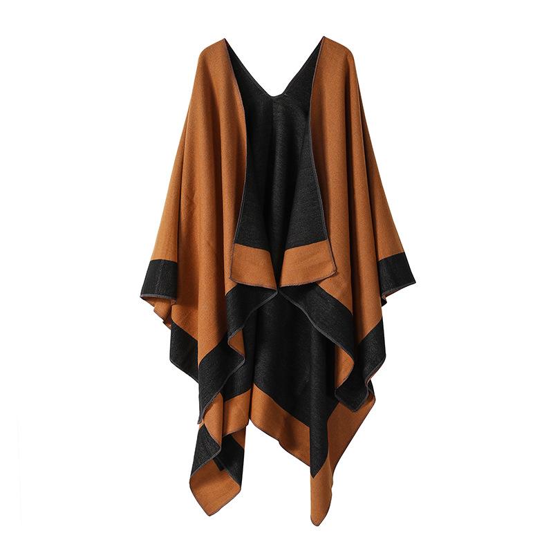 Women's European & American Double-Sided Solid Color Cape Shawl with Striped Edge