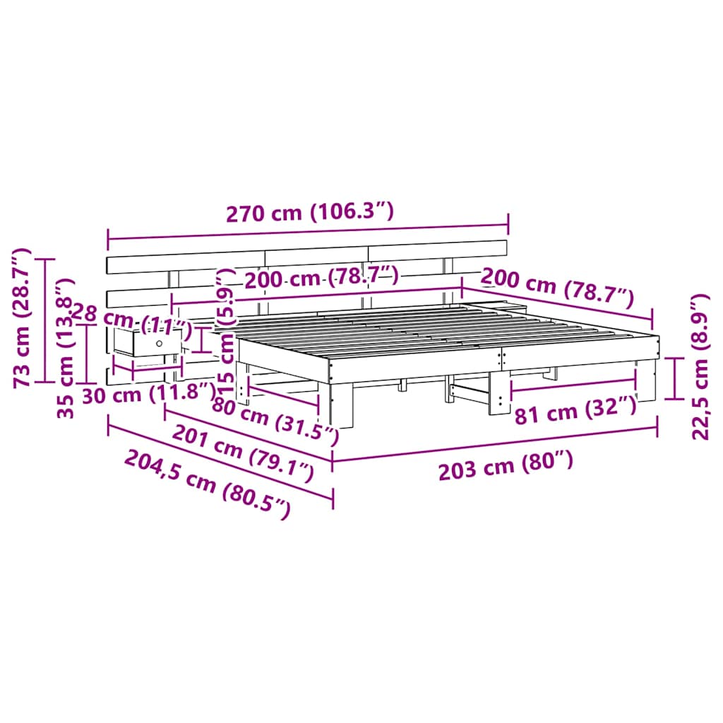 Brown Platform Bed Frame with Headboard 200 x 200 cm Solid Pine Wood