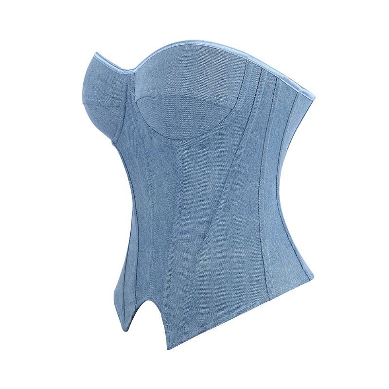 Light Blue Denim Look Bandeau Shapewear Top With Built In Cups For Women