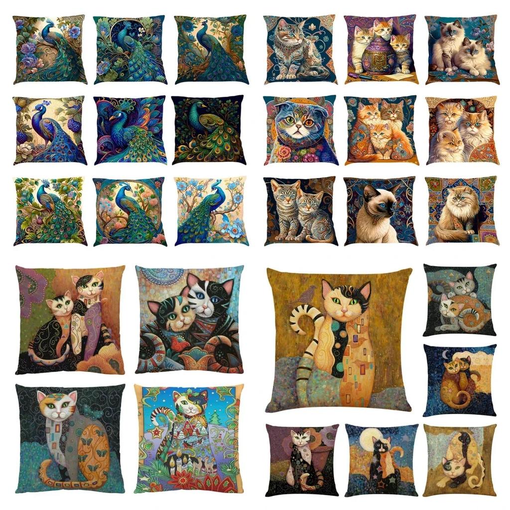Polštářový povlak v severském stylu s olejomalbou páva 45x45cm Bavlněný lněný povlak na polštář na pohovku, Povlak na polštář pro domácí dekoraci