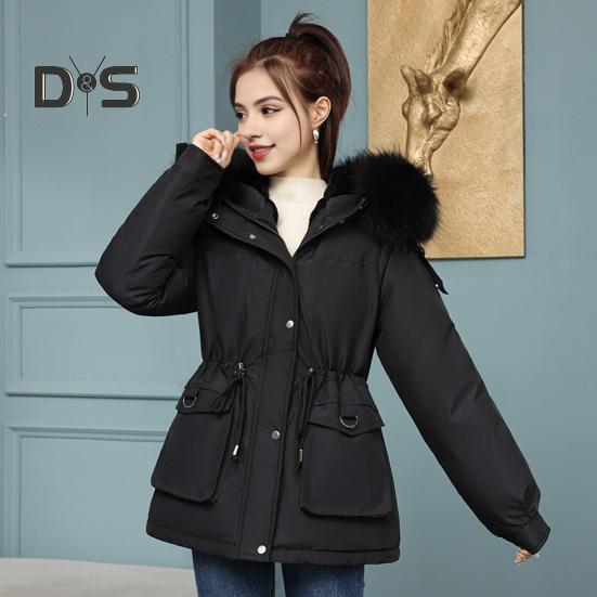 Women Winter Coat Thick Plush Furry Hooded Long Sleeves Pockets Drawstring Waist Zip-up Windproof Mid Length Overcoat Outdoor Outwear