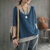 Vintage Knitted T Shirt Women Summer Color-blocking Fake Two-piece T-shirt V-neck Short Sleeve Casual All-match Cotton Linen Top
