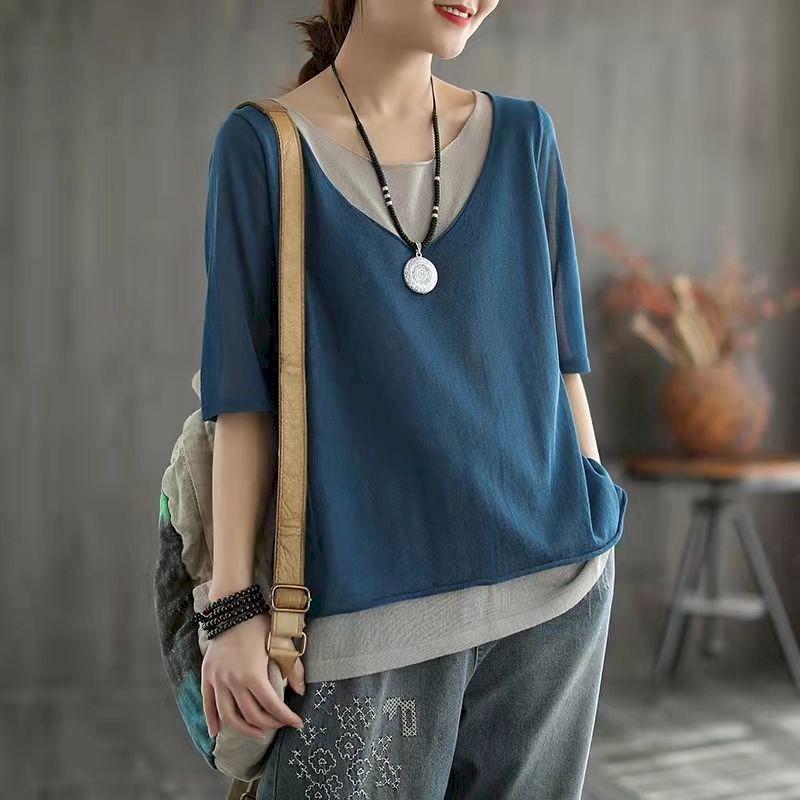 Vintage Knitted T Shirt Women Summer Color-blocking Fake Two-piece T-shirt V-neck Short Sleeve Casual All-match Cotton Linen Top
