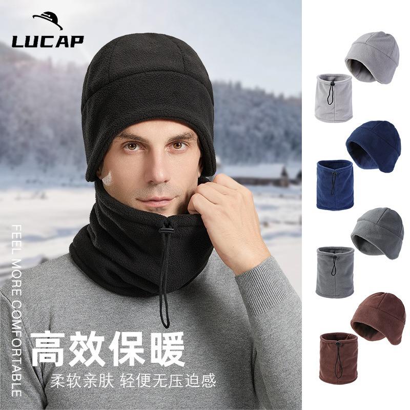 Winter velvet hat, scarf, windproof two-piece set, autumn and winter show the face, small hat, men's big head circumference