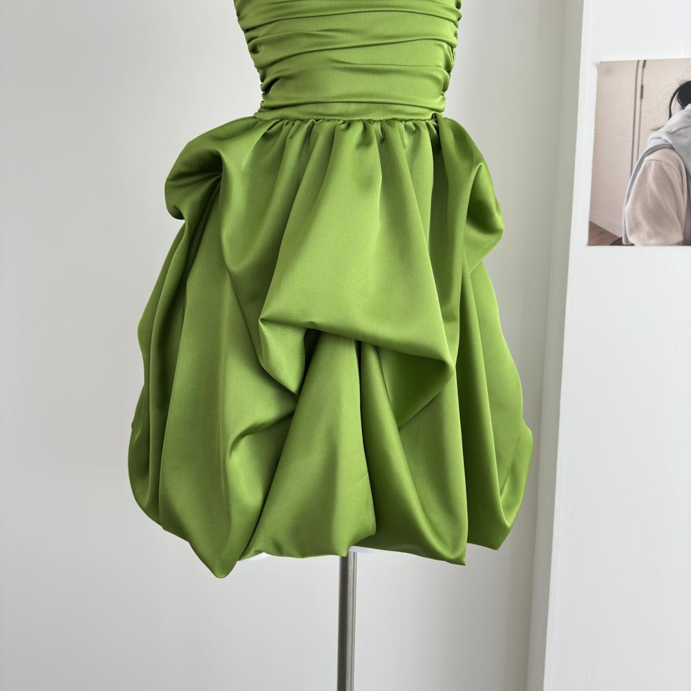 Retro temperament green bandeau bubble short skirt women's spring and summer birthday banquet evening dress dress