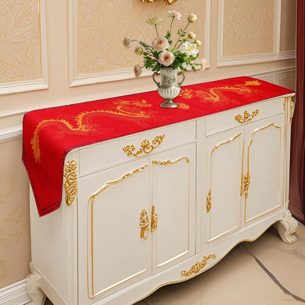 2 Pcs Chinese Dragon Printed Table Runner 13x72Inch China New Year Decorations Red Table Cover for Spring Festival Kitchen Dining Tables Decoration