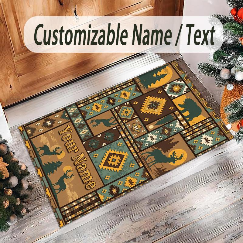 Forest Nature Theme Crystal Velvet Rug Personalized Custom Name Text Soft Floor Mat Home Decor