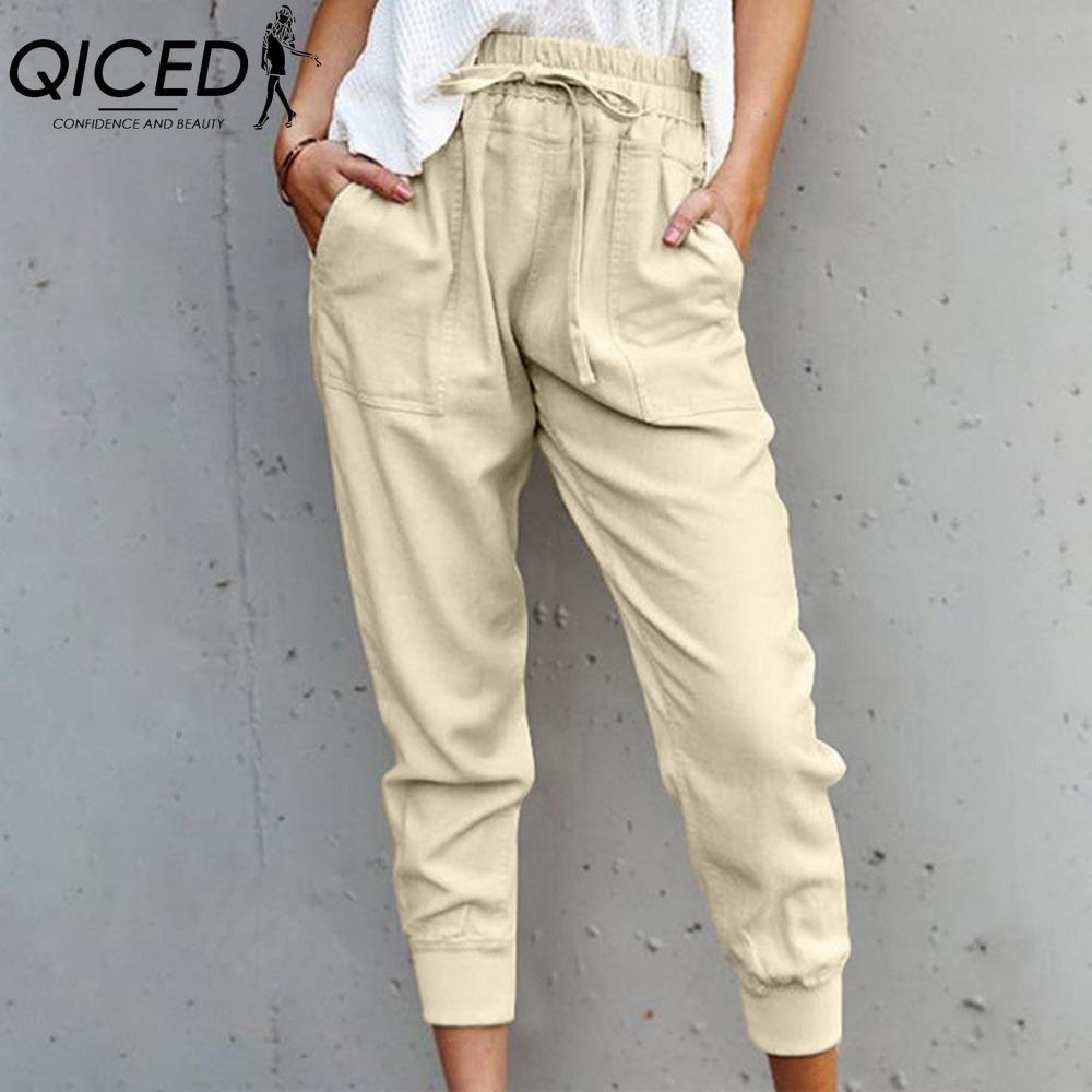 QICED Summer Women Loose Plus Size Solid Color Simple Lace Up Slim Casual Nine Point Slimming Trousers