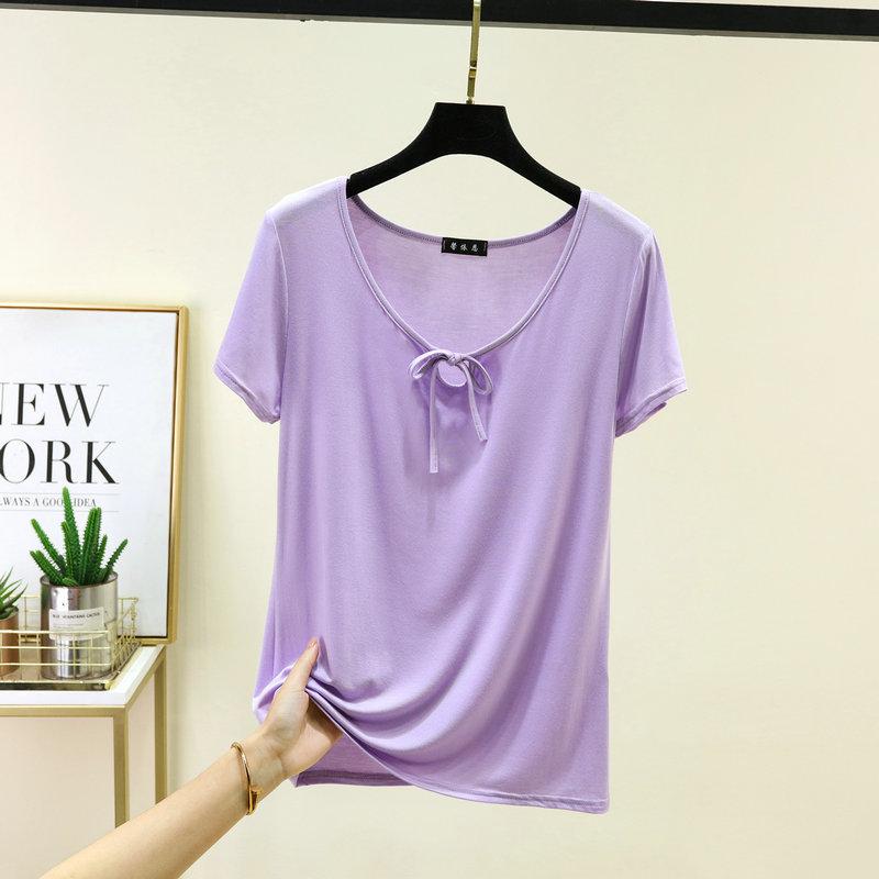 Korean Style Drawstring Modal Short Sleeve Tshirt Cute Slim Fit O Neck T-Shirt Lightweight & Soft Casual Tee Tops for Women Trendy Summer Basic Shirt