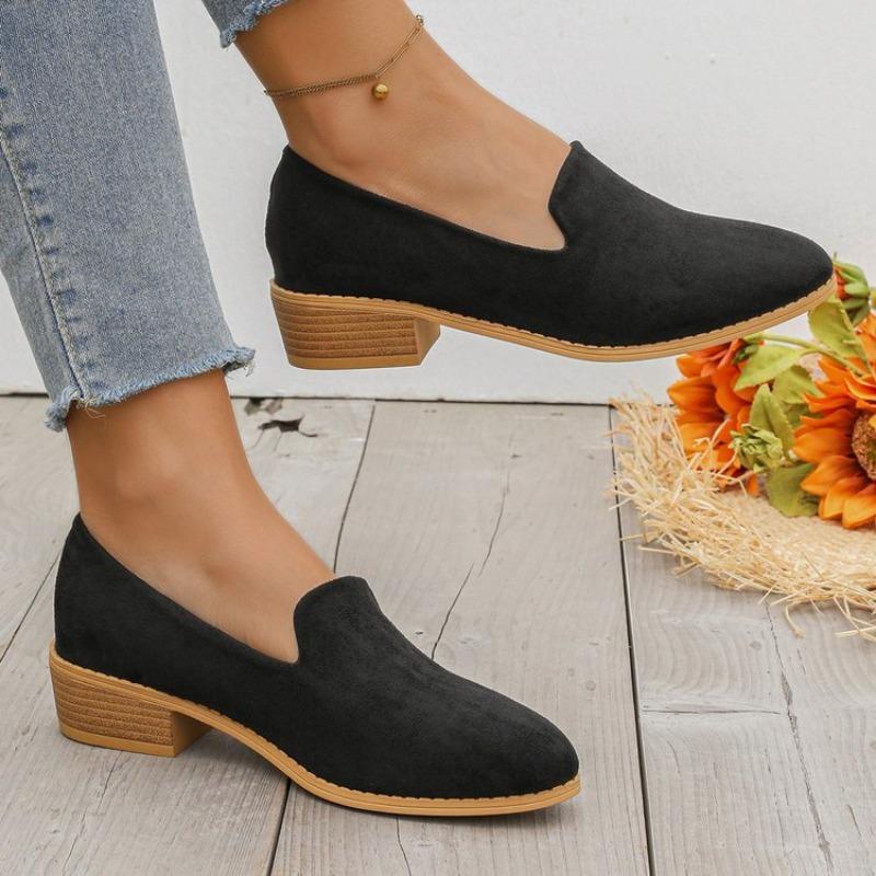 Women Autumn Velvet Pointed Toe Chunky Heel Loafers Comfortable Casual Single Shoes Plus Size 43