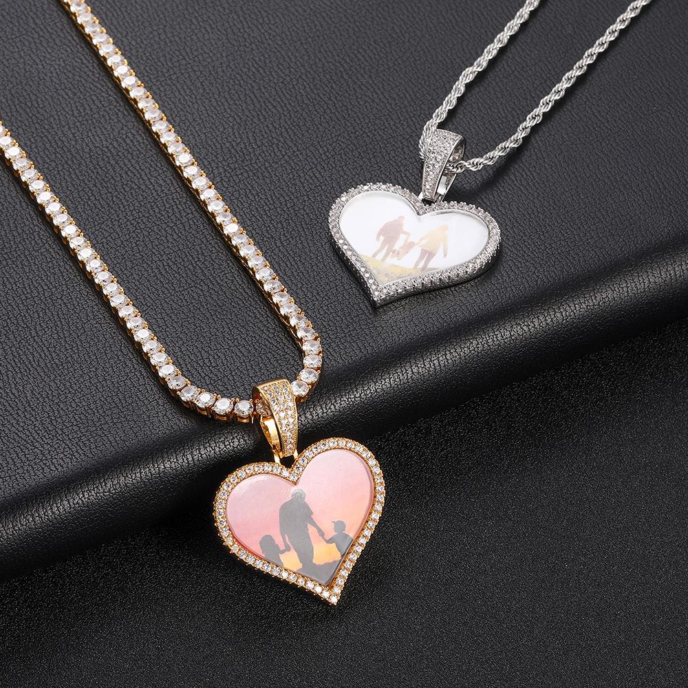 Personalized Men's Heart Pendant: European & American Hip Hop Necklace with Zircon-Embellished Photo Frame