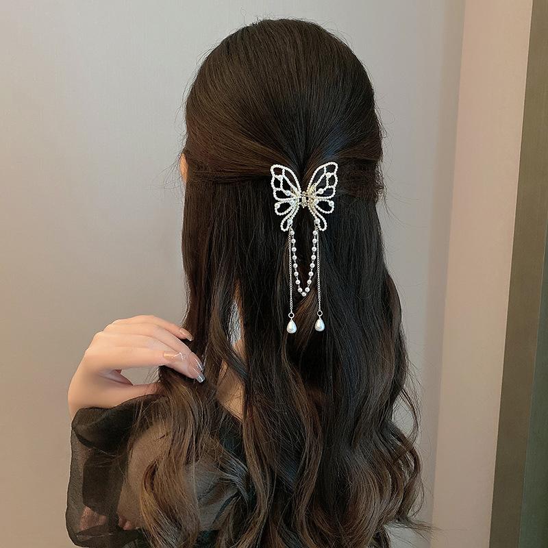 Metal Butterfly Hair Clip Pin Tassel Pendant Pair Accessories Women Simple Hair Claw Clip Butterfly Pearl Tassel Hair Clip