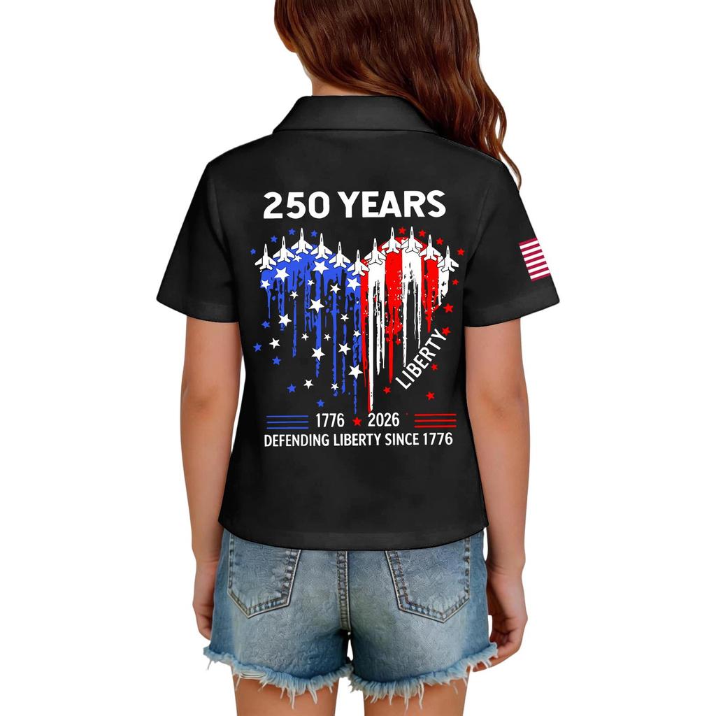Kids Short Sleeve Polo Shirt Casual Everyday Wear Independence Day Print Tee Shirt with Button Collar and Embroidered Sleeve Patch for Boys