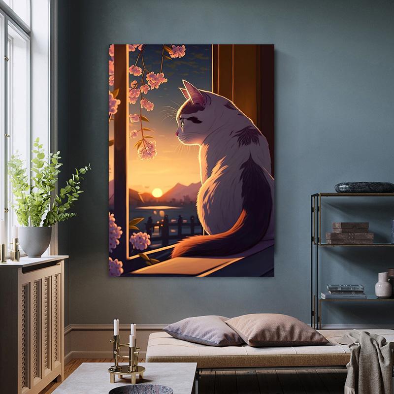 Japanische lustige Tierkatze Kirschblüte Poster und Drucke Leinwand Gemälde Wand Kunst Bilder für Wohnzimmer Wohnkultur