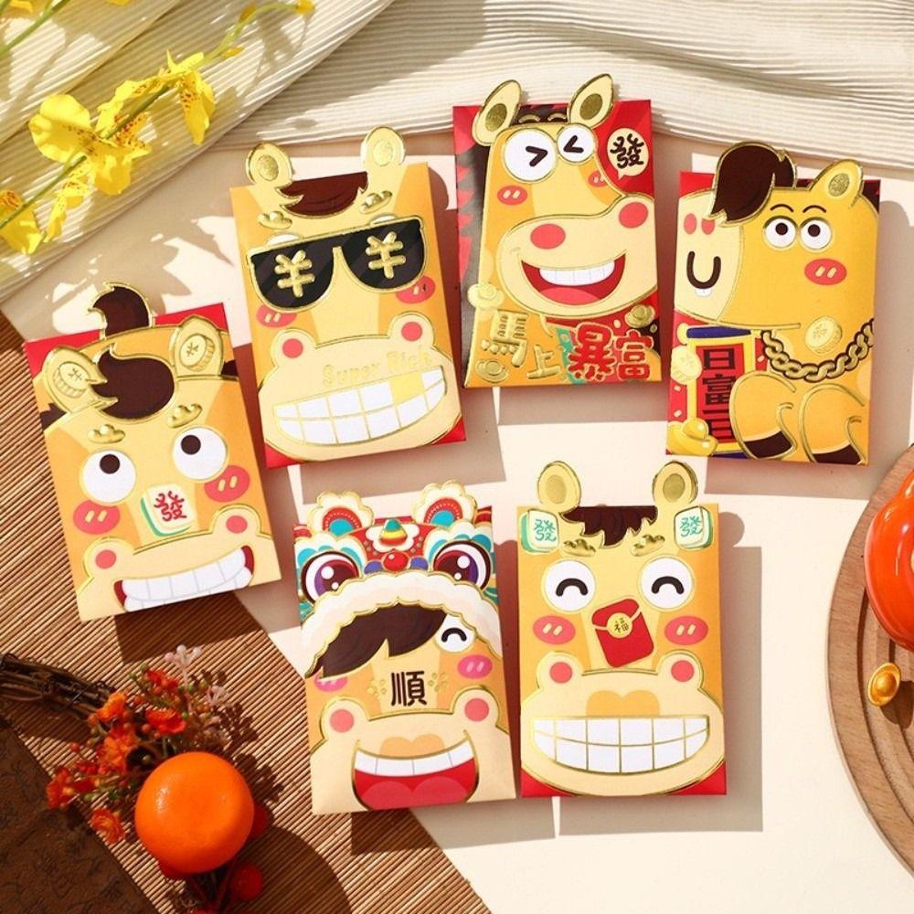 6pcs Red Color Spring Festival Hongbao Cartoon Lucky Money Envelopes Cartoon Red Packets Lunar Year