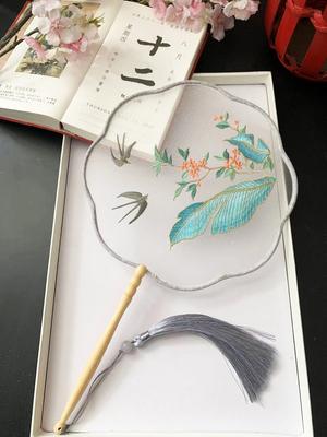 Chinese Traditional Art Embroidery Wooden Hand Fan, Classical, Ancient Dance Costume, Han Fu Cheongsam with Long Handle, Tasse