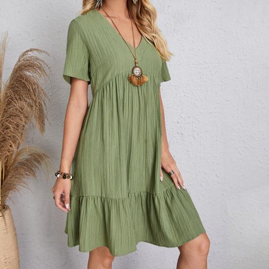 Summer Dress for Women Short Sleeve Pleated V Neck Dress Tiered Swing A Line Dress Casual Flowy Beach