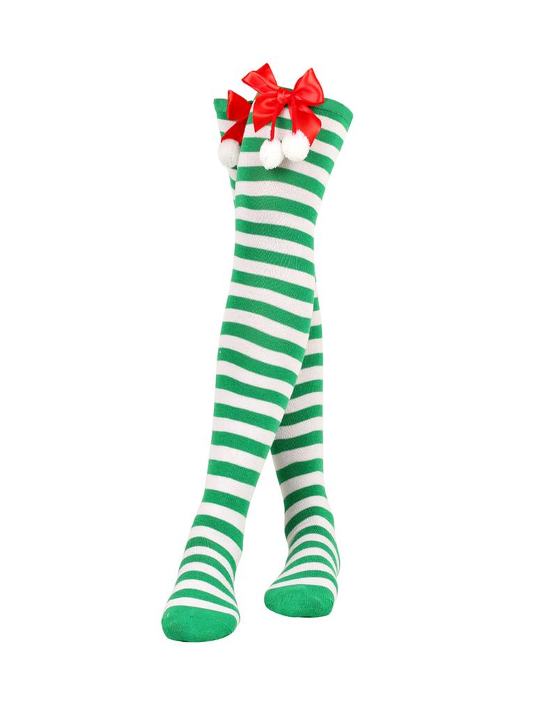 1 Paar Weihnachten Schleifensocken Kugel-Socken Overknee-Strümpfe Weihnachten Gestreifte Strümpfe, Partydekorationsstrümpfe
