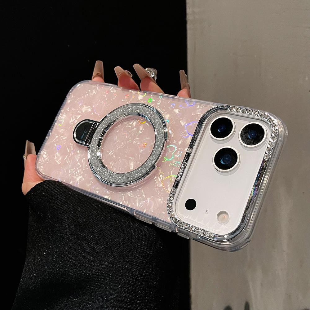 KEYSION Magnetische Muscheltextur Juwelenbesetzte Handyhülle für iPhone 14 15 17 Pro Max Air 16Plus Stoßfestes Panzer-Ringständer-Backcover