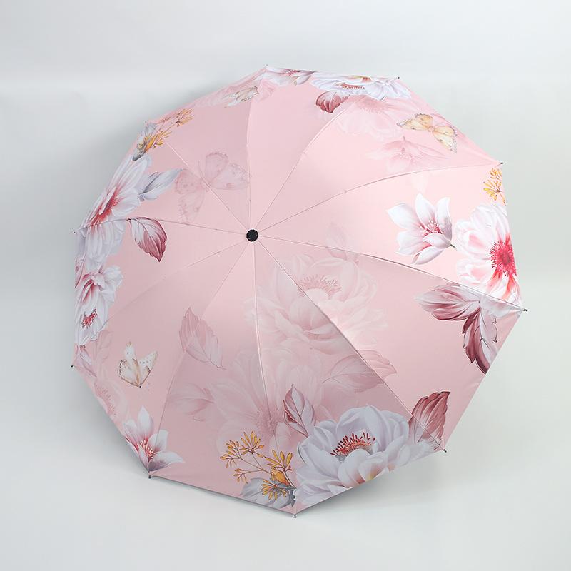 Tri-fold vinyl national style peony sunscreen umbrella UV protection sun umbrella antique high value digital printing umbrella