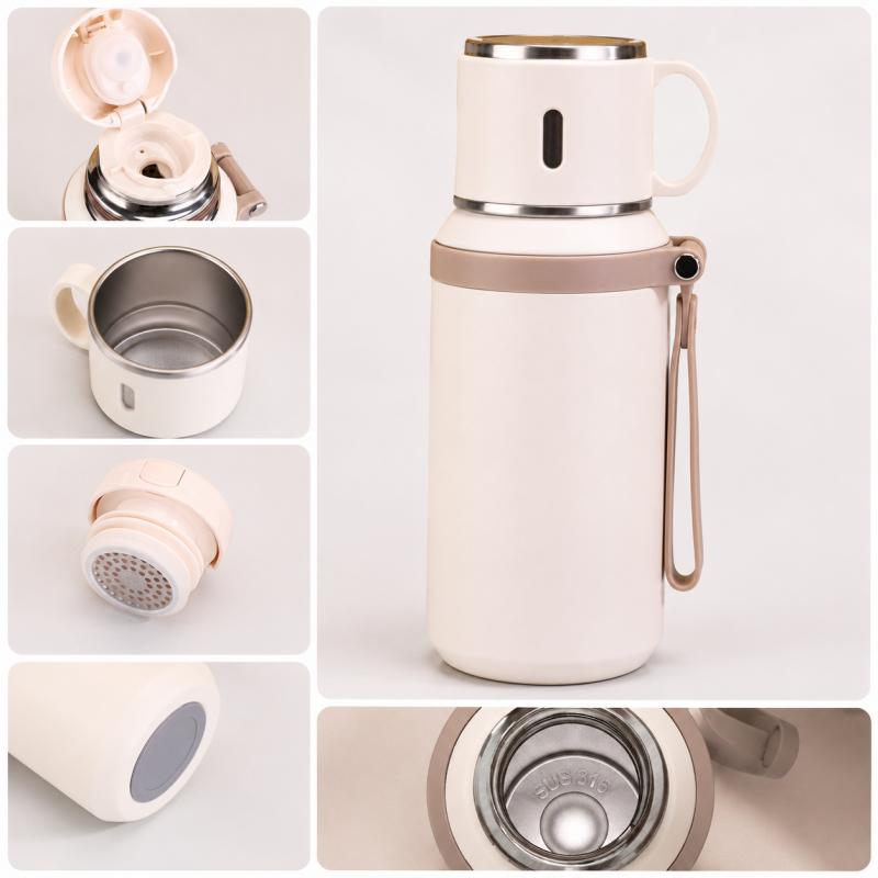 Stainless Steel Insulated Bottle With Cup Lid Tea Infuser Portable Travel Thermos Mug With Strap Leakproof 600ml 800ml For Office Outdoor Use