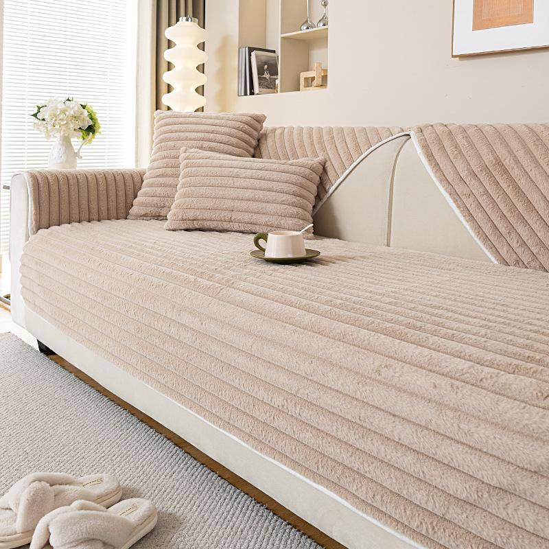 Rabbit Plush Straight Strip Sofa Cover Thicken Simplicity Sofa Mat Couch Covers for Living Room Solid Color Anti-slip Couch Mat