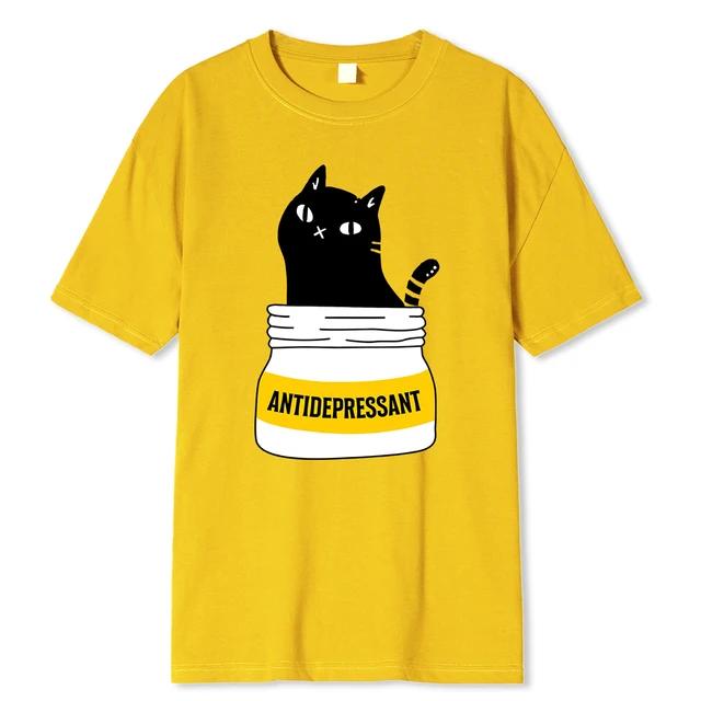 Černá kočka jí antidepresiva Vtipný potisk Dámské Unisex Tričko Módní Nadměrné tričko Vysoce kvalitní bavlněná trička Letní krátký rukáv
