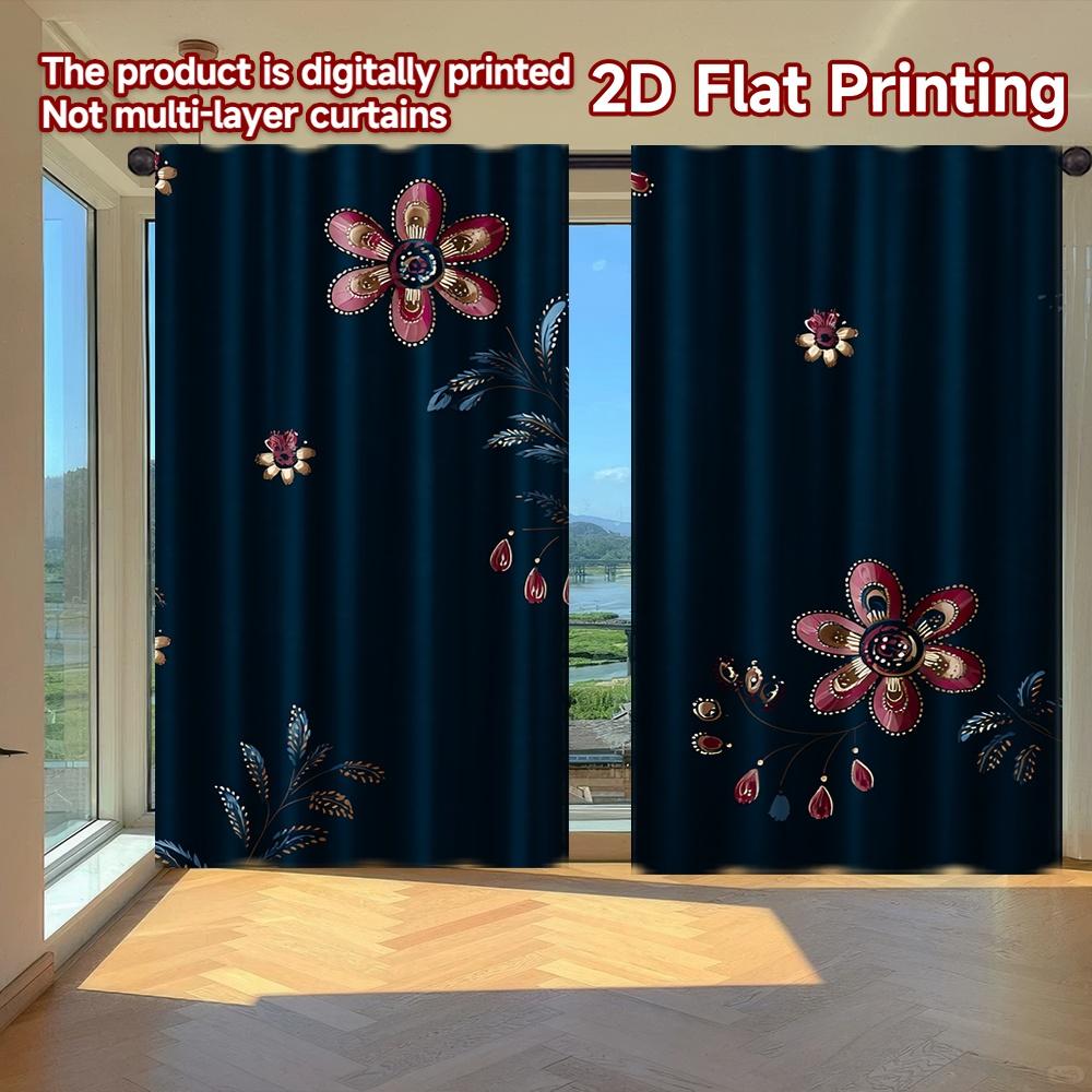 

Set Of 2 Flat Printing Curtains Without Rod Floral Elegance Navy Ramadan Festival Fashion Durable Polyester Curtain W100*H70(CM)-Rod Pocket&1PCS