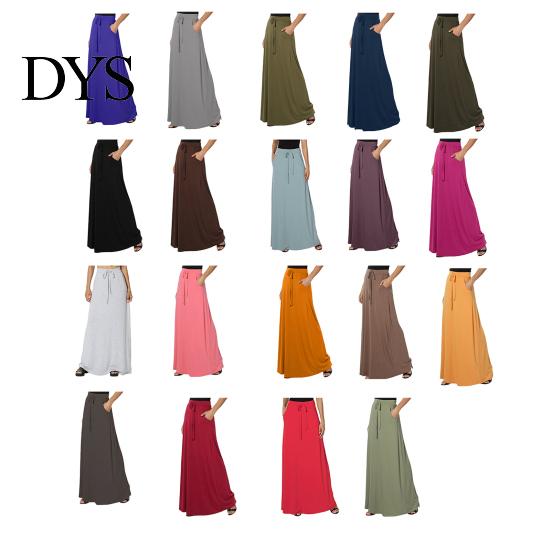 Long Skirt Women Maxi Adjustable Drawstring High-Waisted Solid Color Casual with Pockets Work