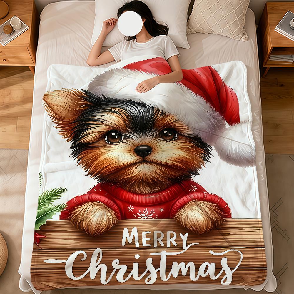 Christmas Holiday Cute dog Yorkshire Terrier soft warm plush blanket dorm sofa living room pet hogar bedroom gift home Flannel