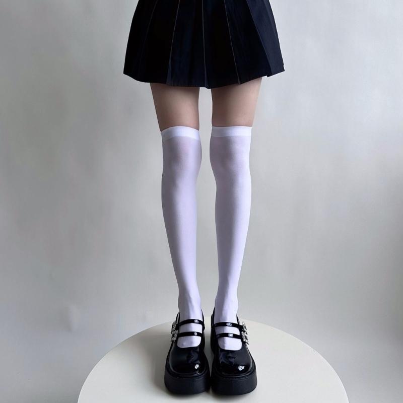 Damen Blickdichte Seiden Oberschenkelhohe Strümpfe Leggings Strumpfwaren Japanische Stile Anime JK Mädchen Bunte Überknie Lange Socken