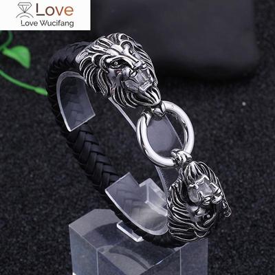 Classic Punk Jungle King Metal Lion Buckle Leather Bracelet Charm Men 'S Rock Riding Jewelry Gift