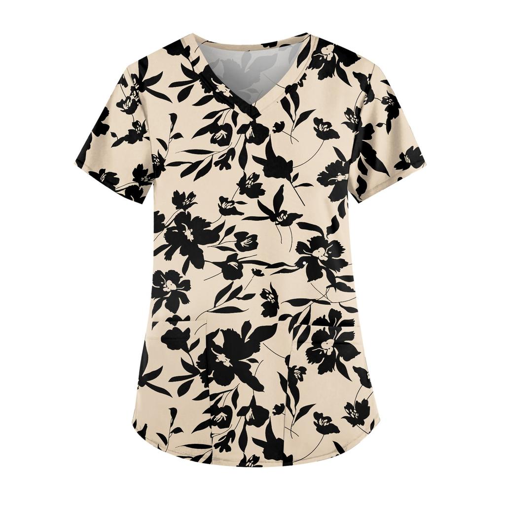 Plus Size Printed Scrub Working Uniform Tops For Women's V-Neck Short Sleeve Fun T-Shirts Workwear Tee With Pockets