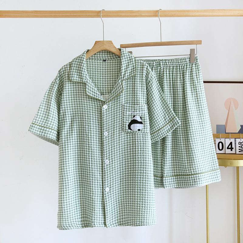 Jednoduché kostkované pyžamové sety pro páry Šortky Pánské Dámské Oblečení na spaní Krátký rukáv Dvojitá gáza Mačkaná bavlna Domácí oblečení