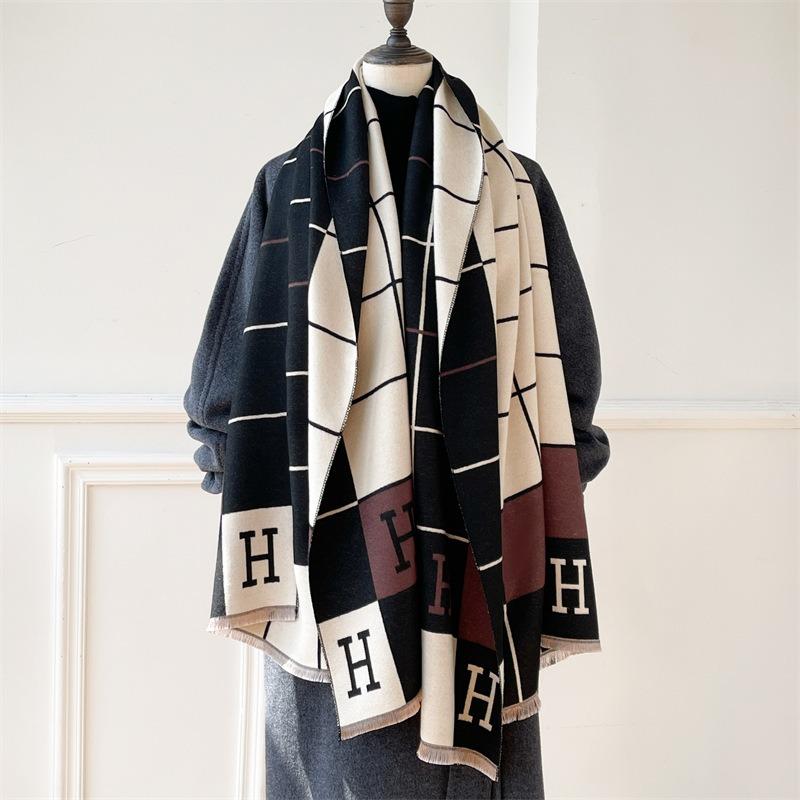 Autumn and Winter New High-end Double-sided Plaid Imitation Cashmere Scarf Women's Versatile Letter Shawl Thickened Scarf
