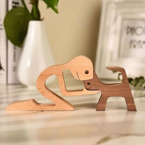 Dog Wooden Sculpture Pet Memorial Gift Dog And Man Woman Statue Home Decor Puppy
