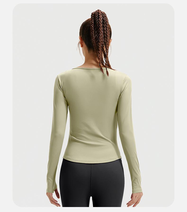 Juyitang Seamless V-Neck Long-Sleeve Yoga Suit with Pleated Waist and Slim-Fit Top