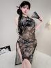 New Ancient Style Lightweight See-through Cheongsam Hip-revealing Uniform Sexy Dress Elegant Thin Mesh Mini Dress Tops 5AH8