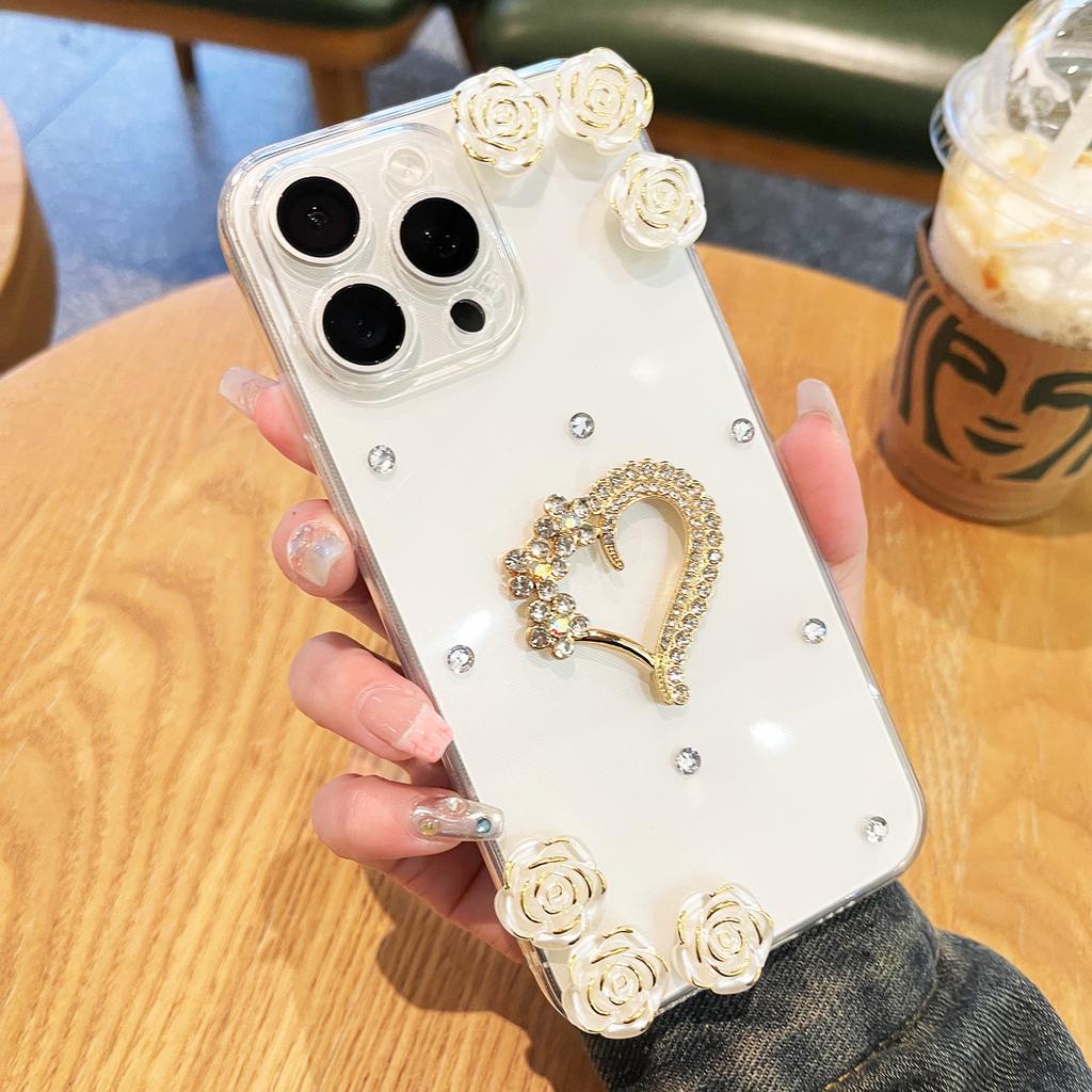 For iPhone 16 Pro Max Case Rhinestone Heart Rose Decor Soft TPU Clear Phone Back Cover