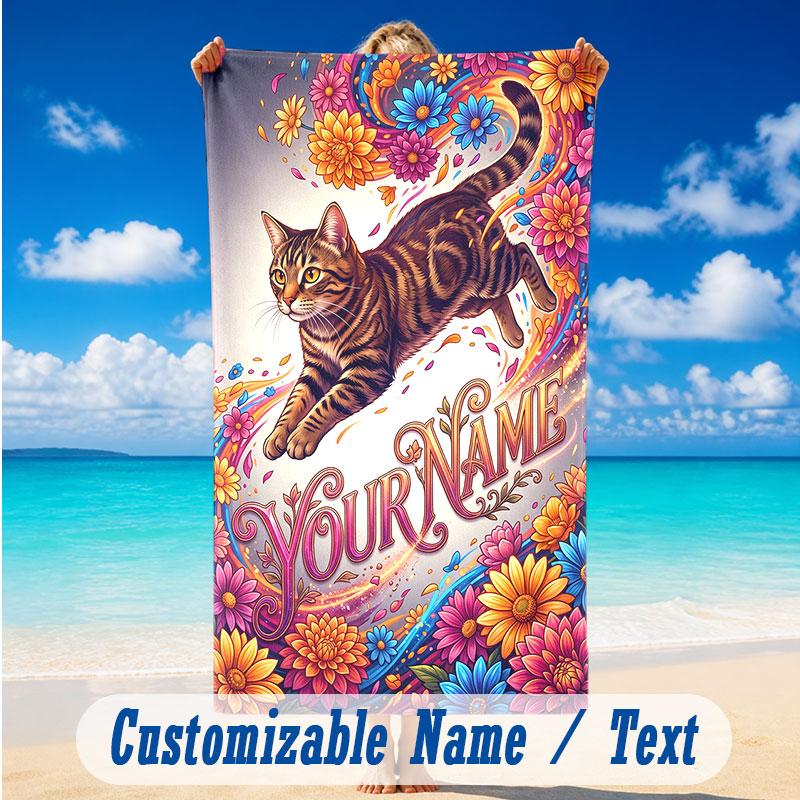 Cat Theme Beach Towel Personalized Custom Name & Text Soft Quick Dry Beach Towel for Swimming Travel