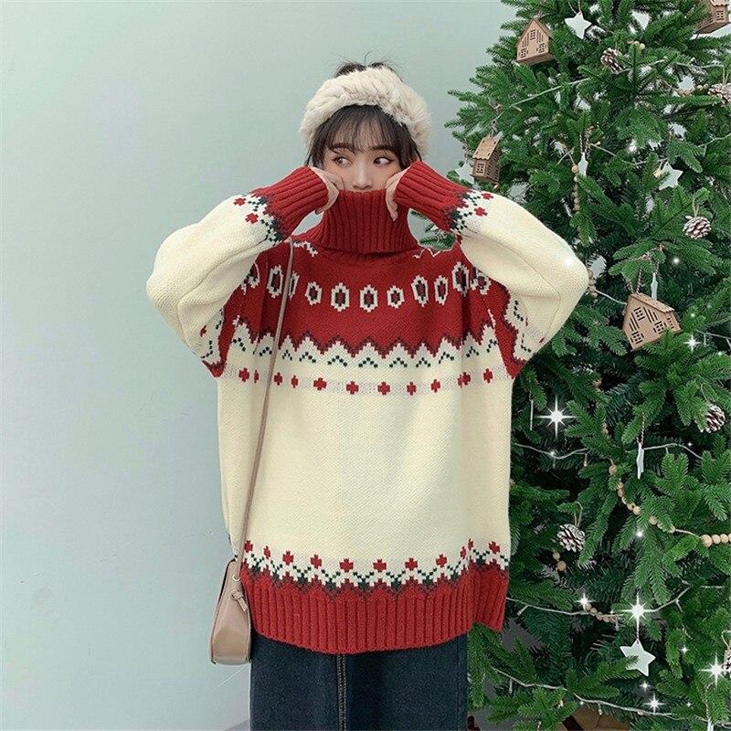 Suéteres navideños Otoño Invierno Sueltos Estilo coreano Cuello alto Suéteres de punto Casuales Manga larga Suéteres de jersey gruesos